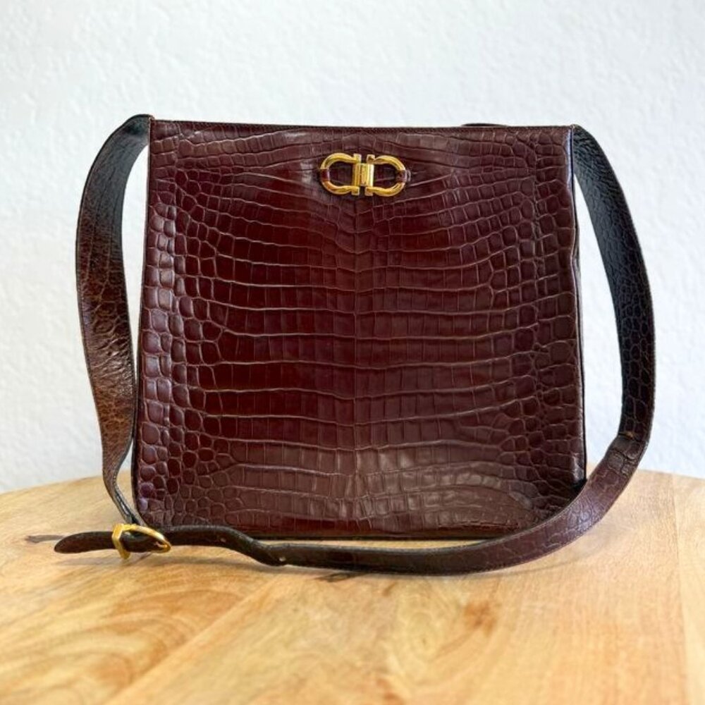 Salvatore Ferragamo Gancini Croc-Embossed Leather Shoulder Bag